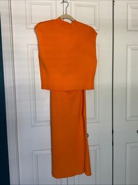 NWOT Maeve by Anthropologie Two-Piece Orange Ribbed Midi Skirt and Cropped Top